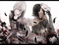  2boys armor black_feathers brown_eyes brown_hair feathers fox_mask furrowed_brow grey_eyes grey_hair hair_over_one_eye holding holding_mask holding_sword holding_weapon ishida_mitsunari_(sengoku_basara) japanese_armor japanese_clothes katana letterboxed looking_at_viewer makaron611 male_focus mask mouri_motonari_(sengoku_basara) mouth_veil multiple_boys muted_color official_alternate_costume parted_lips sengoku_basara short_hair sword upper_body v-shaped_eyebrows veil weapon white_background 