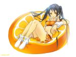  2009 :p arancia bikini black_hair food fruit highres innertube janemere long_hair orange orange_(color) orange_dress orange_eyes orange_slice original signature simple_background sitting swimsuit tongue twintails white white_background 