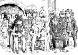 6+girls abs african_rock_python_(kemono_friends) animal_ears animal_hood antlers arabian_oryx_(kemono_friends) armadillo_girl aurochs_(kemono_friends) behind_another boots bow bowtie chair closed_mouth collared_shirt cow_ears cow_horns crested_porcupine_(kemono_friends) dark-skinned_female dark_skin detached_hood extra_ears full_body fur_collar giant_armadillo_(kemono_friends) greyscale hat highres hood hood_up hooded_jacket horns jacket japanese_black_bear_(kemono_friends) kemono_friends king_cobra_(kemono_friends) kneepits leggings lion_(kemono_friends) lion_ears long_hair long_sleeves long_tail looking_at_another looking_at_viewer midriff miniskirt monkey_girlv monochrome moose_(kemono_friends) moose_ears multicolored_hair multiple_girls nagato_mikasa navel necktie okinawa_habu_(kemono_friends) on_chair own_hands_together parted_lips peafowl_(kemono_friends) scarf shirt shoebill_(kemono_friends) shoes short_hair side-by-side sitting skirt smile snake_hood snake_tail standing stomach sweater_vest tail thigh-highs thigh_boots toned toned_female v_arms wing_collar