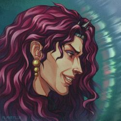  absurdres character_name darkstalkers earrings fangs gold_earrings gradient_background highres horns jewelry jojo_no_kimyou_na_bouken kars_(jojo) long_hair male_focus nose open_mouth pale_skin portrait profile purple_hair red_eyes smile smirk solo sparkle wavy_mouth 