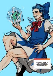  1boy alternate_hair_color beard black_shoes blue_background blue_bow blue_hair bow bowtie cirno cirno_(cosplay) collared_shirt commentary cosplay crossdressing detached_wings dress earrings english_commentary facial_hair foot_out_of_frame frog frozen frozen_frog hair_bow highres ice ice_wings instagram jewelry large_bow linkin_park looking_at_viewer male_focus mary_janes michael_kenji_shinoda noriuma nose open_mouth pinafore_dress puffy_short_sleeves puffy_sleeves red_bow red_bowtie screenshot_inset shirt shoes short_hair short_sleeves sketch sleeveless sleeveless_dress smile socks solo stud_earrings teeth touhou twitter_username upper_teeth_only very_short_hair white_shirt white_socks wings 