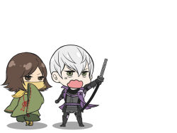  2boys anger_vein armor brown_eyes brown_hair chibi chibi_only covered_mouth green_eyes holding holding_sword holding_weapon ishida_mitsunari_(sengoku_basara) japanese_armor japanese_clothes jinbaori katana looking_ahead makaron611 male_focus mouri_motonari_(sengoku_basara) mouth_veil multiple_boys official_alternate_costume sengoku_basara sheath sheathed shouting simple_background sword v-shaped_eyebrows veil weapon white_background white_hair wide_sleeves 