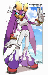 1girl artist_name bandana beak blue_eyes commentary crop_top eyewear_on_head flame_print full_body furry furry_female gemlik_rogue gloves highres jewelry midriff necklace pants print_pants purple_pants red_shoes round_eyewear shirt shoes signature sleeveless smile solo sonic_(series) sonic_riders sonic_riders_(series) two-tone_pants v wave_the_swallow white_bandana white_gloves white_pants white_shirt