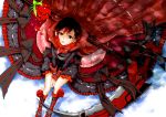  1girl between_legs boots cape dress flower frills grey_eyes looking_up redhead ribbon rose ruby_(rwby) rwby scythe solo yy_nogoro 