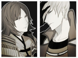  2boys black_background border frown hand_on_own_head ishida_mitsunari_(sengoku_basara) looking_at_viewer makaron611 male_focus medium_hair mouri_motonari_(sengoku_basara) multiple_boys outline parted_lips portrait sengoku_basara sepia short_hair split_screen v-shaped_eyebrows white_border white_outline 