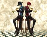  akaito blue_eyes blue_hair fedora formal hat instrument kaito katase_waka male musical_note necktie red_eyes red_hair redhead scarf suit trumpet vocaloid 