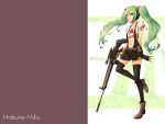  1girl female green_eyes green_hair hatsune_miku holding holding_weapon navel ochakai_shinya solo source_request twintails vocaloid 