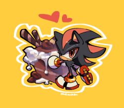  1boy animal_ears animal_nose black_fur bracelet cake chibi closed_mouth coffee_beans food full_body furry furry_male gloves gold_bracelet heart hedgehog_boy jewelry long_hair looking_at_viewer male_focus multicolored_fur one_eye_closed red_eyes red_fur saewiam shadow_the_hedgehog shoes short_tail simple_background solo sonic_(series) standing tail two-tone_fur wafer_stick whipped_cream white_gloves white_shoes yellow_background 