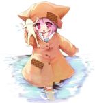  blush boots child coat flat_chest frog hat loli nekohood nekomimi pink_eyes pink_hair puddle raincoat school_uniform short_hair water wet 