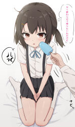  1boy 1girl absurdres anger_vein between_legs black_skirt blue_ribbon blush brown_eyes brown_hair cheek_poking collared_shirt commentary_request dress_shirt flat_chest food hair_ornament hairclip hand_between_legs highres holding holding_food looking_at_viewer neck_ribbon no_shoes original out_of_frame parted_lips pleated_skirt poking ribbon shirt simple_background sitting skirt socks solo_focus spoken_anger_vein suspender_skirt suspenders takasuma_hiro translation_request twintails v-shaped_eyebrows wariza white_background white_shirt white_socks 