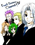   blonde_hair blue_eyes cain_highwind cecil_harvey edward_geraldine closed_eyes female final_fantasy final_fantasy_iv formal green_eyes green_hair happy long_hair male monochromism open_mouth ponytail purple_hair rosa_farrell rydia short_hair white_hair wink  