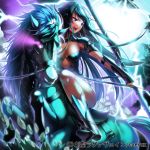  1girl aile_(crossroads) armor blue_hair breasts glowing glowing_eyes horse large_breasts long_hair open_mouth original polearm spear violet_eyes weapon 
