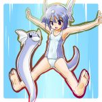  1girl barefoot dratini feet flat_chest loli lowres moemon one-piece_swimsuit personification pokemon pokemon_(creature) pokemon_(game) pokemon_rgby purple_eyes school_swimsuit short_hair soles swimsuit tail tenjou_ryuka toes violet_eyes 