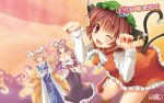  breasts brown_hair cat_ears cat_pose cat_tail chen earrings elbow_gloves fang fox_ears fox_tail gloves hat highres jewelry large_breasts long_hair maki_(artist) maki_(seventh_heaven_maxion) multiple_tails paw_pose short_hair tail touhou translated wallpaper wink yakumo_ran yakumo_yukari 