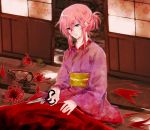  1girl alternate_hairstyle bottle enbizaka_no_shitateya_(vocaloid) flower japanese_clothes kimono megurine_luka pink_hair scissors sitting solo tears unabara_misumi vocaloid 