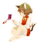  bad_id barefoot bloomers brown_hair butterfly cat_ears cat_tail chen earrings feet hat hikarinoko jewelry multiple_tails short_hair tail touhou 