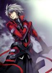  black_sclera blazblue glowing_eye green_eyes hikapan jacket male ragna_the_bloodedge short_hair smile solo sword weapon white_hair 