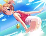  bent_over blue_eyes dutch_angle highres mouth_hold no_pants one-piece_swimsuit orange_hair original outstretched_arms petapettan purse school_swimsuit short_hair solo spread_arms swimsuit swimsuit_under_clothes twintails wading water white_school_swimsuit 