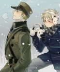  2boys axis_powers_hetalia blonde_hair blue_eyes earmuffs germany_(hetalia) military_uniform prussia_(hetalia) red_eyes scarf short_hair snow white_hair 