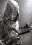  assassin&#039;s_creed assassin's_creed belt bust d17rulez emblem gloves hidden_blade hood knife monochrome realistic robe solo strap throwing_knife throwing_knives traditional_media 