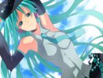  aqua_eyes aqua_hair armpits arms_up hatsune_miku headphones long_hair mnk necktie skirt smile solo twintails vocaloid 