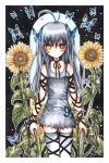  black_hair blush butterfly emperpep flower heterochromia long_hair red_eyes solo sunflower thigh-highs thighhighs traditional_media watercolor_(medium) yellow_eyes 