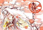  akuhen blue_eyes cherry_blossoms flower flute gauntlets hakama helmet instrument japanese_clothes long_hair long_sleeves male nature okami sky smile solo tasuki tree ushiwakamaru veil 