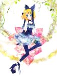  bad_id bare_shoulders blonde_hair blue_eyes choker detached_sleeves dress full_body hair_ornament hair_ribbon hairclip kagamine_rin ribbon short_hair single_shoe sitting skirt smile solo thigh-highs thighhighs vocaloid zettai_ryouiki 