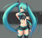  alternate_costume aqua_eyes aqua_hair bad_id bare_shoulders cygnus_(artist) fingerless_gloves gloves hatsune_miku long_hair nail_polish navel shorts solo thigh-highs thighhighs twintails vocaloid 