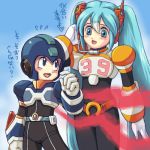  1girl blue_eyes cosplay crossover facial_mark green_eyes green_hair hatsune_miku headset long_hair lowres nana_(rockman) nico_nico_douga niconico_rpg rockman rockman_(character) rockman_(original) rockman_x twintails vocaloid x x_(cosplay) 