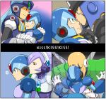  blue_hair dynamo facial_mark green_eyes hug kiss kurooni lumine orange_eyes purple_hair robot rockman rockman_x sigma spider spider_(rockman) sweat visor x yaoi 