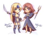  2girls blonde_hair blue_eyes brown_hair chibi cleavage female final_fantasy final_fantasy_iv garters long_hair midriff monster_girl navel robe short_hair souchi sword thigh-highs tiara violet_eyes wand 