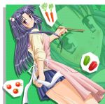  apron carrot chopsticks clannad cooking hair_bobbles hiiragi_tomoka ichinose_kotomi school_uniform tomato twintails 
