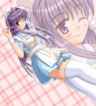  apron clannad fujibayashi_kyou hair_ribbon hat hiiragi_tomoka long_hair nurse nurse_cap purple_hair ribbon thigh-highs violet_eyes wink zettai_ryouiki 