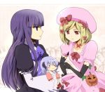  blonde_hair blue_eyes blue_hair blush_stickers bowtie carrying crossover dark_hair detached_sleeves dress elbow_gloves frederica_bernkastel gloves hair_ornament hair_ribbon hanyuu hat higurashi_no_naku_koro_ni horns jewelry lambdadelta lavender_hair long_hair meru minigirl multiple_girls necklace open_mouth pointing pumpkin red_eyes ribbon ribbons short_hair smile umineko_no_naku_koro_ni 