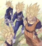  blonde_hair dragon_ball dragon_ball_z epic father_and_son gloves green_eyes katsutake male multiple_boys ponytail son_gohan son_goku spiked_hair super_saiyan trunks_(dragon_ball) trunks_(future)_(dragon_ball) uniform vegeta 