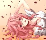  blue_eyes breasts cleavage japanese_clothes kimono kyou_zip long_hair lying megurine_luka on_back petals pink_hair solo vocaloid 