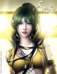  cleavage earrings elbow_gloves engloid gloves green_eyes green_hair headphones highres jewelry lips lipstick mario_wibisono necklace official_art raynkazuya_(artist) ribbon solo sonika star tattoo vocaloid watermark 