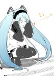  boots closed_eyes detached_sleeves hatsune_miku kazami_fukashido long_hair musical_note open_mouth smile thigh-highs thigh_boots thighhighs twintails very_long_hair vocaloid zettai_ryouiki 