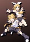 blonde_hair brother_and_sister headset jumping kagamine_len kagamine_rin kazami_fukashido microphone midriff navel open_mouth shorts siblings twins vocaloid wink 