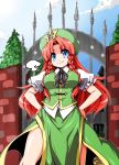  blue_eyes braid breasts china_dress chinadress chinese_clothes gate hands_on_hips hat highres hong_meiling long_hair red_hair redhead smile solo tajima_yuuki touhou twin_braids 