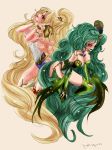  2girls belt blonde_hair breasts bridal_gauntlets brown_eyes cleavage female final_fantasy final_fantasy_iv flower green_eyes green_hair green_lips hair_ornament kishihime_hayuru leotard long_hair necklace pantyhose ponytail rosa_farrell rose rydia thigh-highs very_long_hair 