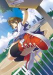  bag brown_eyes brown_hair cloud clouds feet happy highres jumping pov_feet school_uniform shoes skirt sky sneakers socks 