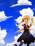  blonde_hair blush closed_eyes hair_ribbon kamio_misuzu lama_(kusuriya) long_hair ponytail ribbon sky 