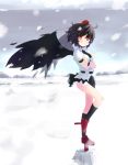  1girl black_wings cold geta hat red_eyes shameimaru_aya shin_(new) short_hair skirt snow tengu-geta tokin_hat touhou wings 