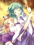  2girls banned_artist bare_shoulders blonde_hair blush broom brown_eyes closed_eyes detached_sleeves frog green_hair hair_ornament hair_ribbon hat hug kochiya_sanae moriya_suwako ribbon short_hair smile snake tepengu thigh-highs touhou wink 