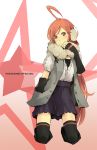  bad_id blush brown_eyes detached_sleeves earmuffs fingerless_gloves hand_in_pocket jacket kneeling long_hair miki_(vocaloid) red_eyes red_hair redhead sf-a2_miki skirt smile star thigh_highs thighhighs very_long_hair vocaloid yoshito zettai_ryouiki 