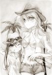  black_hair bottle bra breasts casual charlotte_e_yeager cleavage francesca_lucchini hat highres kisetsu lingerie long_hair lowleg midriff monochrome multiple_girls navel open_clothes open_shirt sepia shirt short_shorts shorts sketch sleeves_pushed_up sleeves_rolled_up smile strike_witches sunglasses traditional_media tree twintails underwear wink 