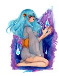  bishamon blue_hair capcom darkstalkers fire girl kimono long_hair midnight_bliss vampire_(game) 