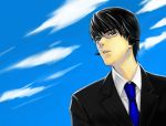  bad_id black_eyes black_hair bokuto formal glasses highres hiyama_kiyoteru male necktie sky solo suit vocaloid 
